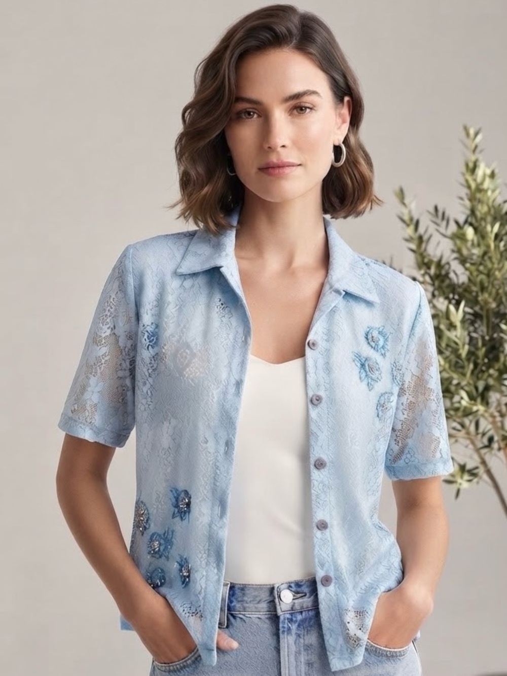 Vintage Haband Light Blue Lace Beaded Blouse – Women's Size XL